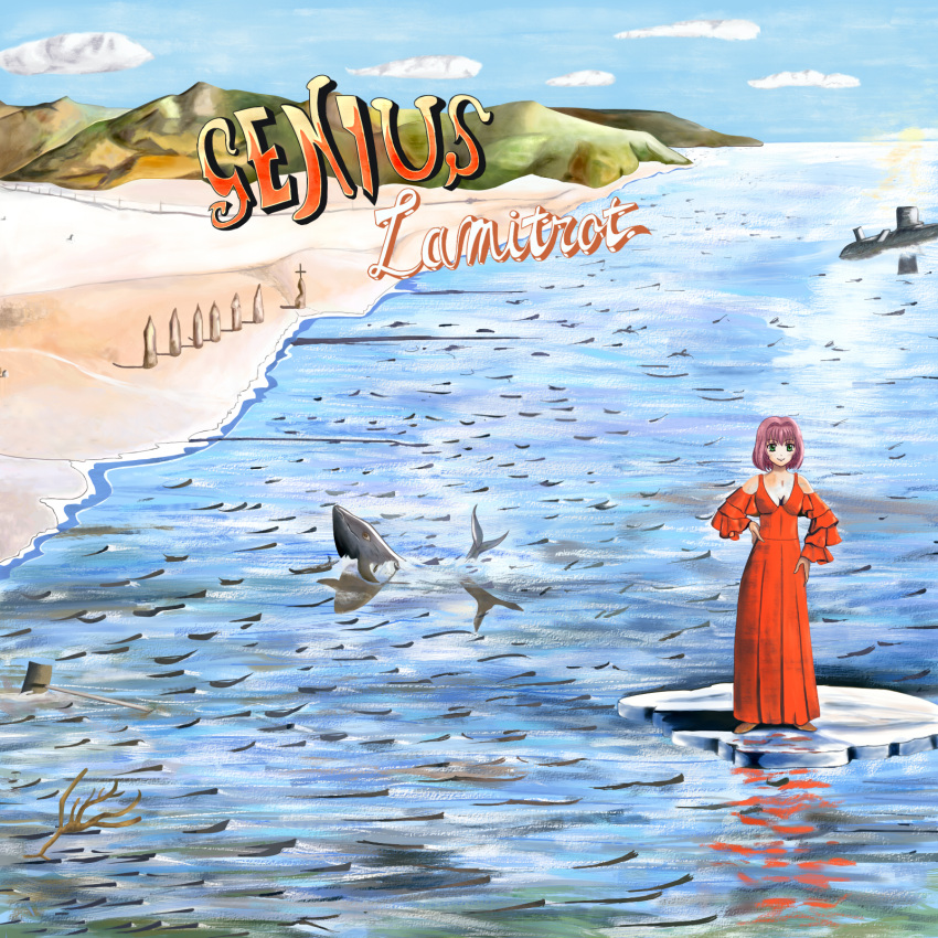 1girl, album_cover, album_cover_redraw, beach, beelzebub_(manga), blue_sky, breasts, commentary, cover, derivative_work, dress, english_text, fish, genesis_(band), green_eyes, highres, lamia_(beelzebub), long_skirt, ocean, ohjames, parody, pink_hair, red_dress, reflection, reflective_water, scenery, short_hair, skirt, sky, smile, solo, submarine, watercraft