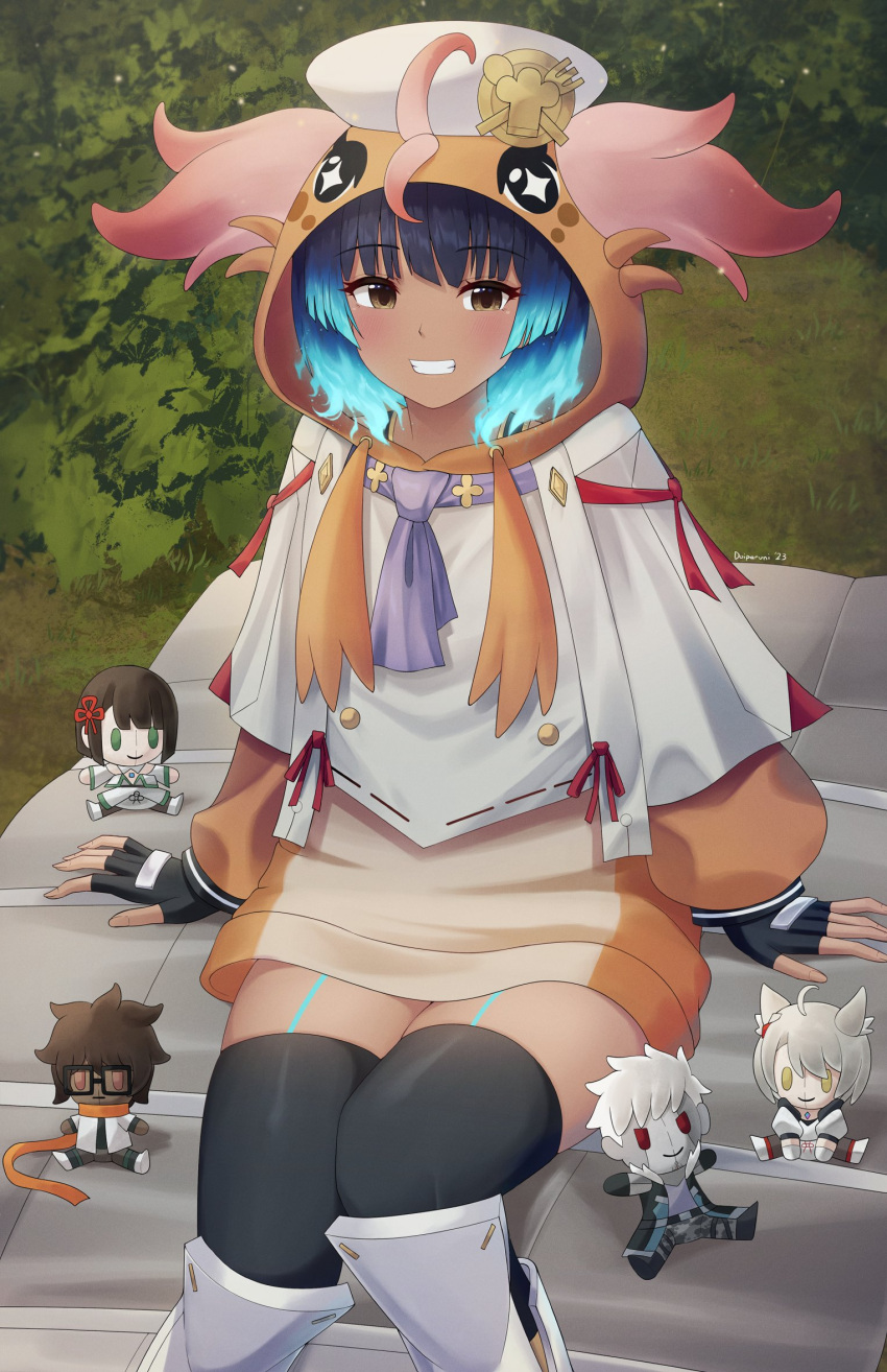 1girl, alternate_costume, alternate_hairstyle, black_gloves, black_thighhighs, blue_hair, brown_eyes, carpet
