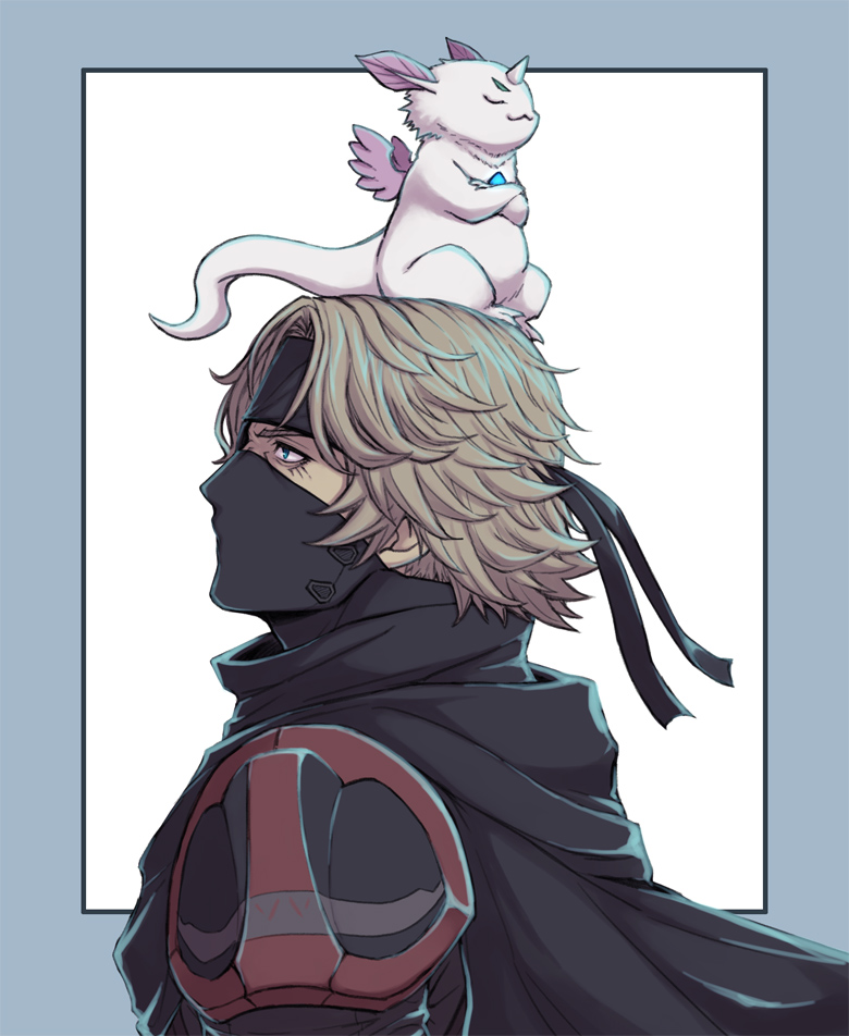 1boy, :3, azurda_(xenoblade), black_cape, black_headband, blue_border, blue_eyes, border