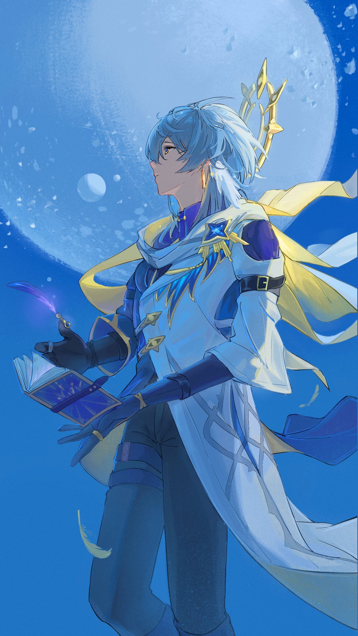 1boy, animal_ears, black_gloves, black_pants, blue_background, blue_coat, blue_hair, book