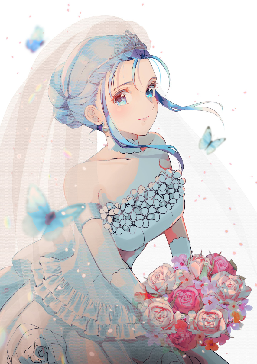 1girl, absurdres, armlet, bare_shoulders, blue_butterfly, blue_eyes, blue_hair, blurry
