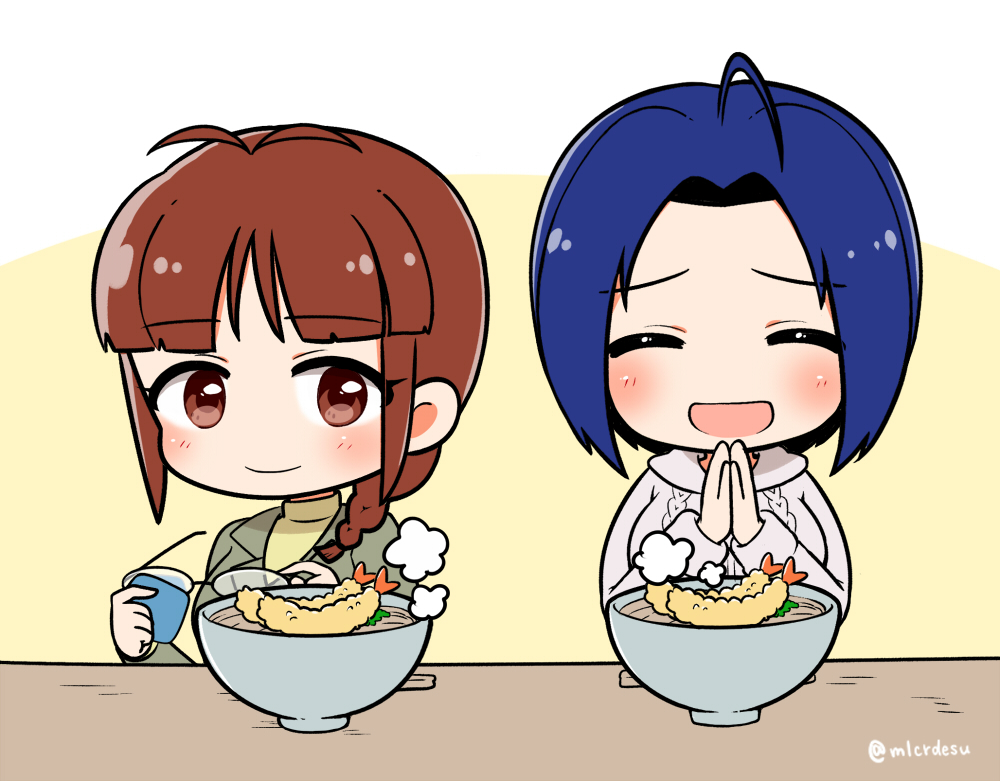 2girls, :d, ahoge, akizuki_ritsuko, antenna_hair, blunt_bangs, blush, bowl