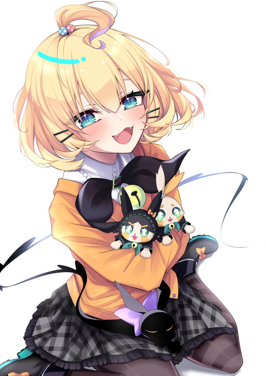 1girl, :3, :d, ahoge, aqua_eyes, asymmetrical_legwear, beads, bell