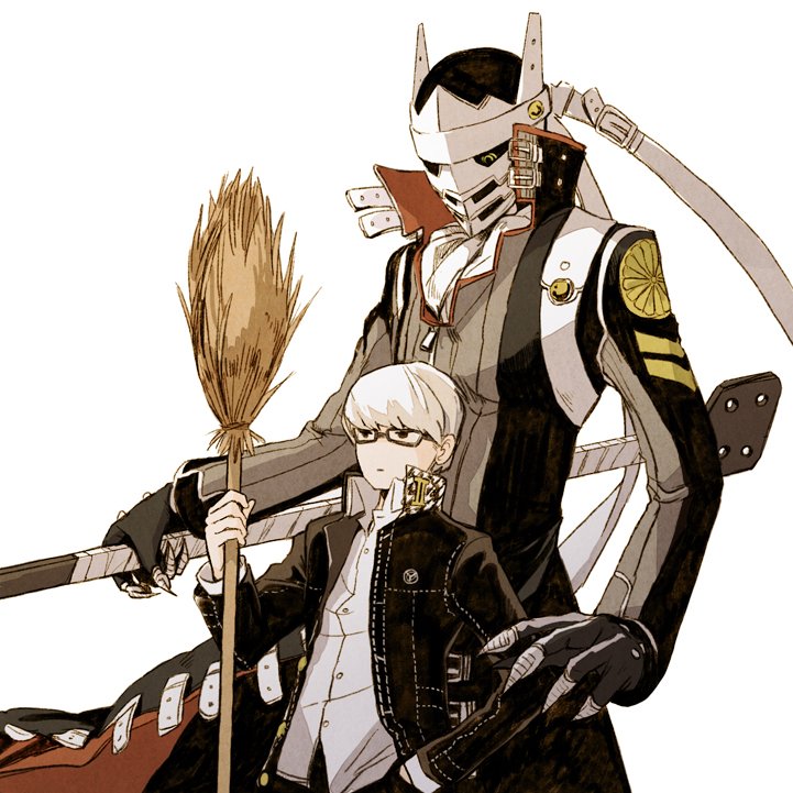 1boy, arm_up, ascot, belt_buckle, black-framed_eyewear, black_jacket, black_pants, broom