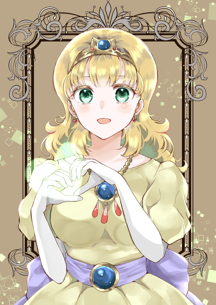 1girl, :d, absurdres, blonde_hair, blunt_bangs, bow, breasts, brown_background