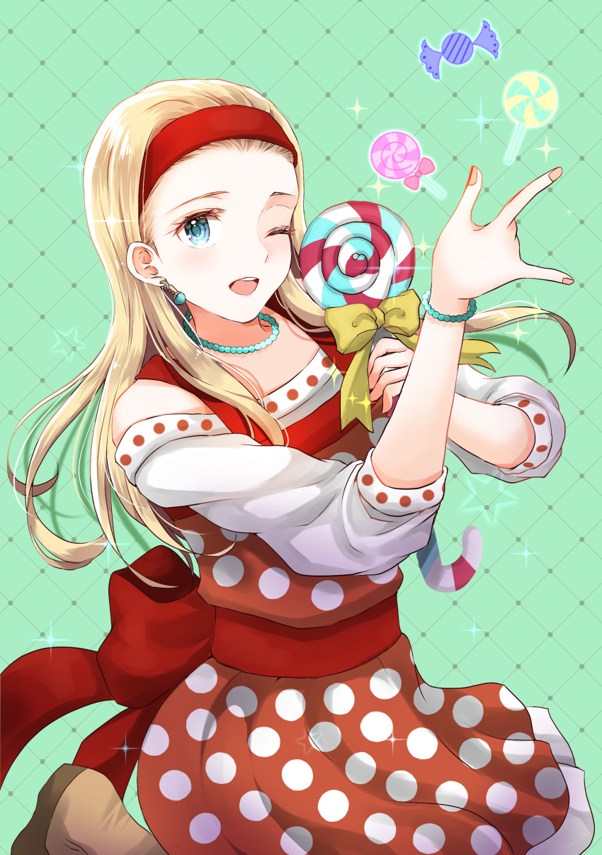 1girl, ;d, absurdres, bare_shoulders, bead_bracelet, bead_necklace, beads, blonde_hair