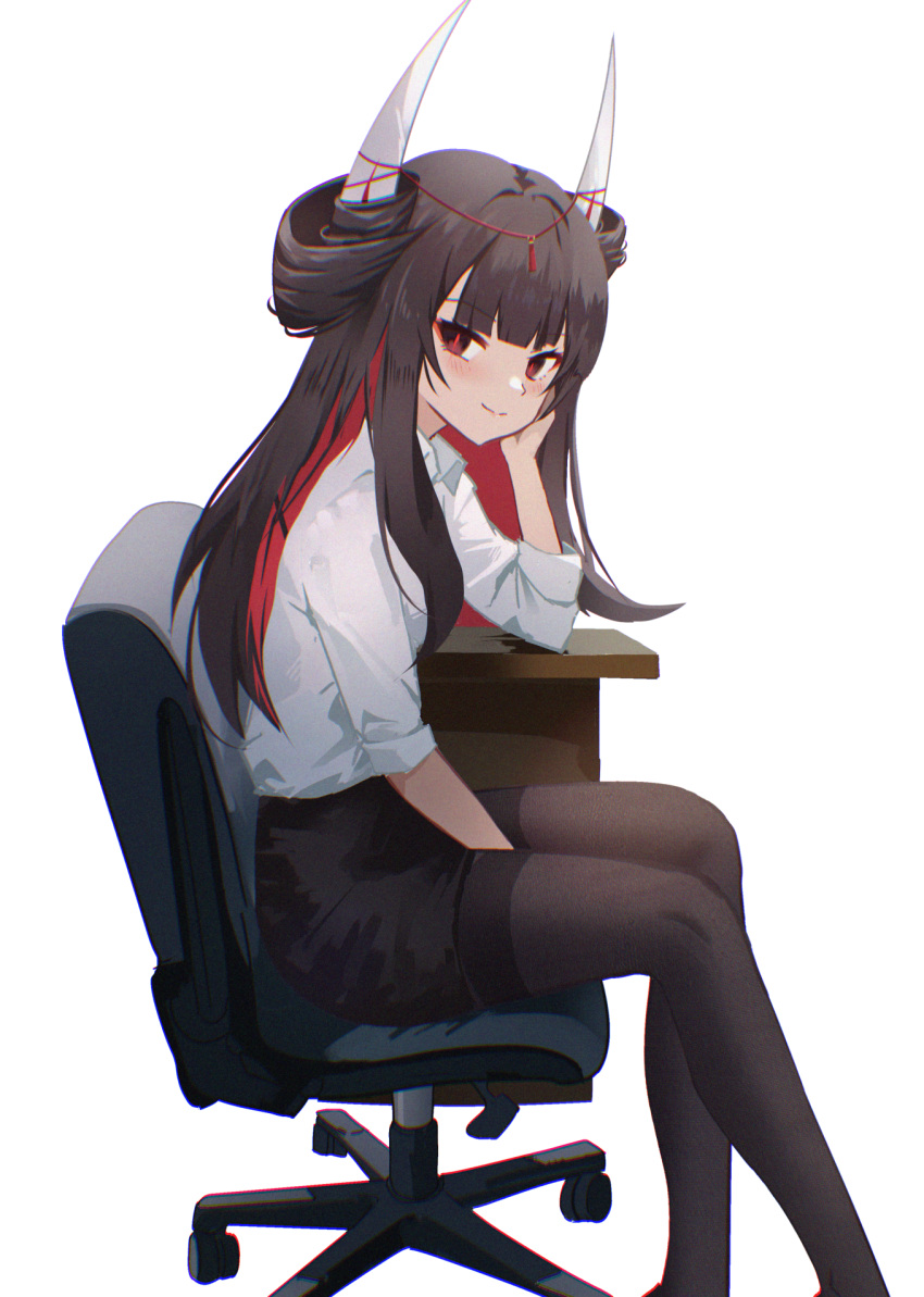 1girl, alternate_costume, arm_support, azur_lane, between_legs, black_skirt, blush, brown_hair