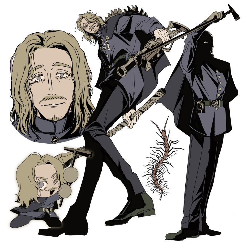1boy, belted_jacket, black_pants, blonde_hair, bloodborne, blue_cape, blue_eyes, blue_jacket