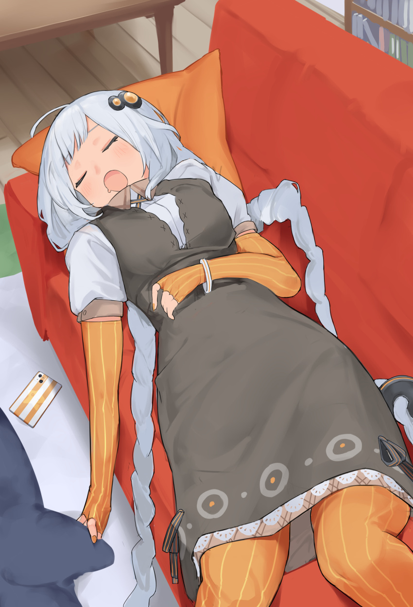 1girl, ahoge, black_dress, blush, bracelet, braid, breasts, closed_eyes
