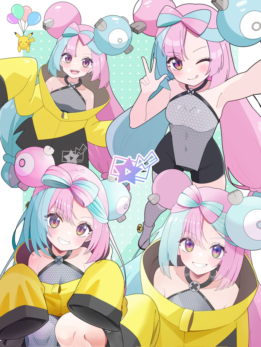 1girl, bike_shorts, bow-shaped_hair, character_hair_ornament, fangs, grey_pantyhose, hair_ornament, hexagon_print
