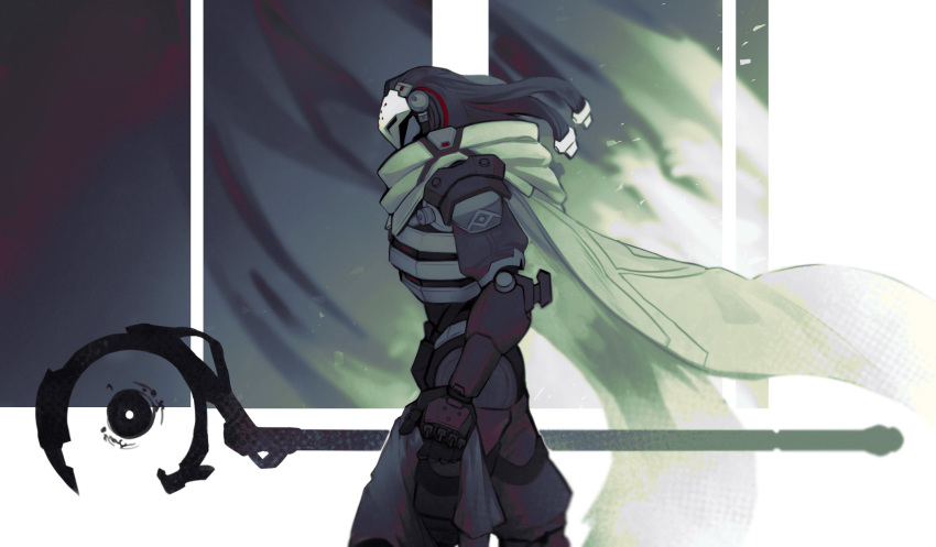 1boy, 47_lall, commentary, cowboy_shot, dreadlocks, green_scarf, highres, holding, holding_staff, holding_weapon, humanoid_robot, long_scarf, male_focus, overwatch, overwatch_2, pants, profile, ramattra_(overwatch), robot, scarf, solo, staff, weapon