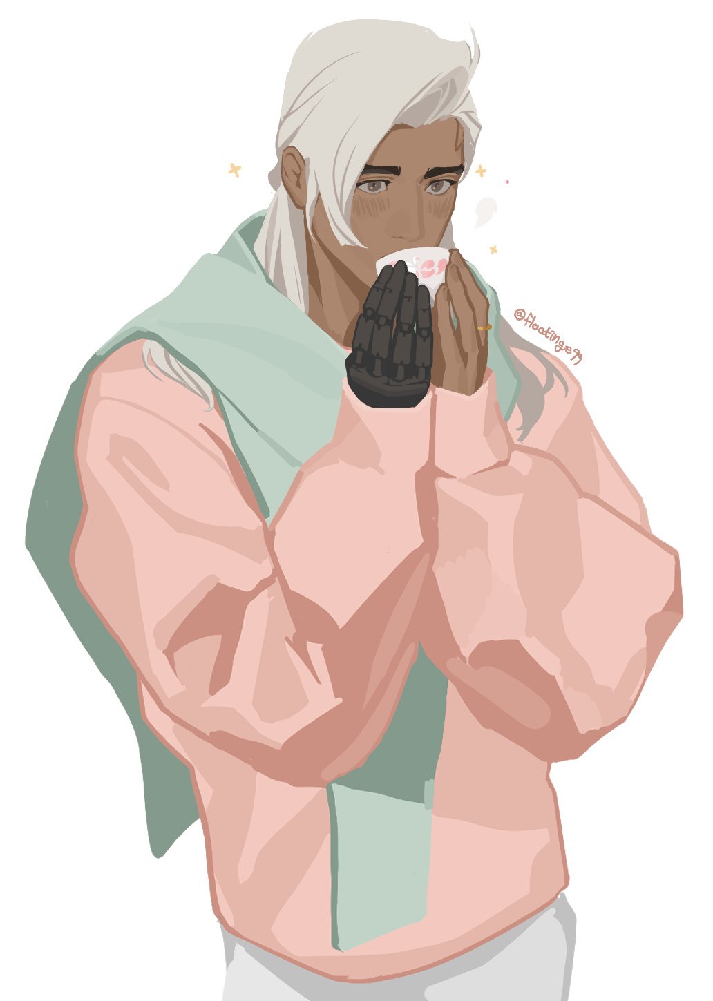 1boy, alternate_costume, arms_up, blush, brown_eyes, commentary, covered_mouth, dark-skinned_male