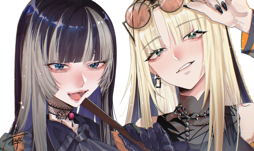 2girls, adjusting_eyewear, ascot, bare_shoulders, black_collar, black_gloves, black_hair, black_nails
