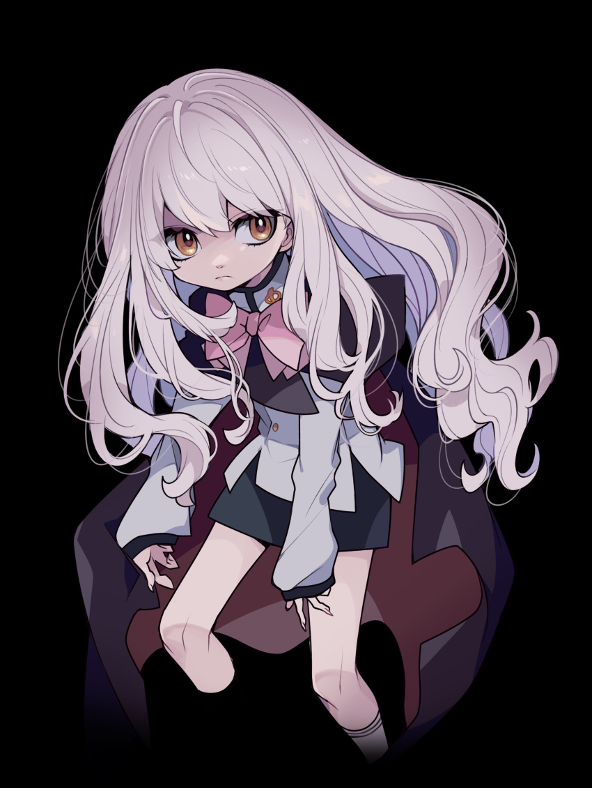 1girl, absurdres, black_background, black_cape, black_skirt, bow, cape, commentary_request