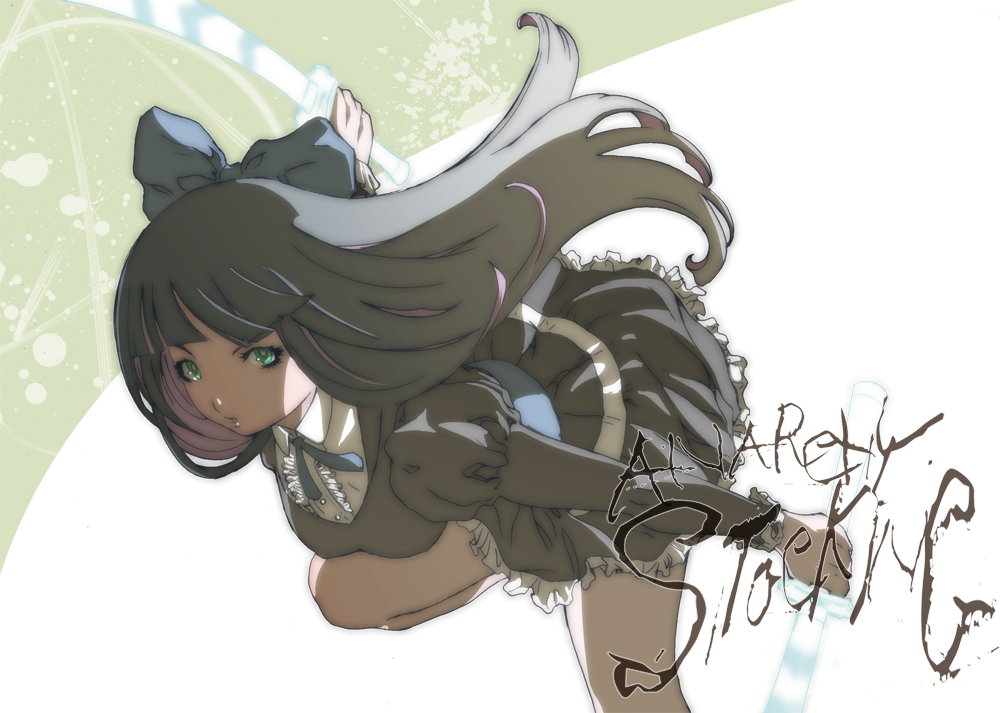 black_hair, bow, green_eyes, hair_bow, inugami_mokekiyo, katana, long_hair, multicolored_hair