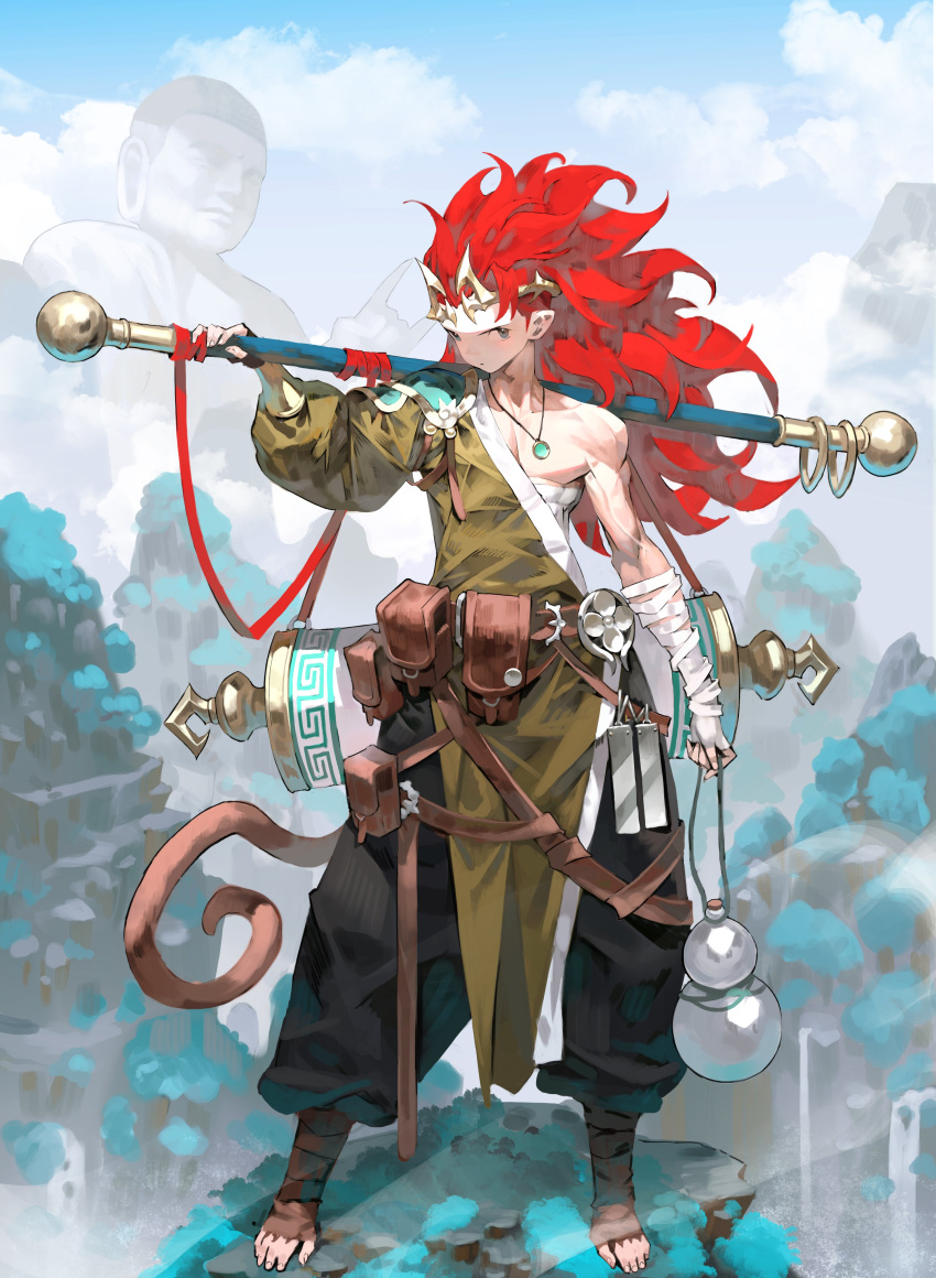 1boy, absurdres, arm_up, armor, arowana2111, bandaged_arm, bandaged_chest, bandages, belt, belt_pouch, black_pants, brown_belt, brown_footwear, buddha, closed_mouth, clouds, cloudy_sky, collarbone, commentary, dot_mouth, english_commentary, fingerless_gloves, fog, foot_wraps, full_body, gloves, gourd, grey_eyes, highres, holding, holding_staff, holding_weapon, jewelry, long_hair, long_sleeves, looking_to_the_side, male_focus, monkey_tail, multiple_belts, necklace, original, outdoors, over_shoulder, pants, pauldrons, pointy_ears, pouch, redhead, robe, shoulder_armor, sideways_glance, single_bare_shoulder, single_pauldron, sky, solo, staff, standing, statue, sun_wukong, tail, tiara, toned, toned_male, veins, veiny_arms, weapon, weapon_over_shoulder, white_gloves, yellow_robe