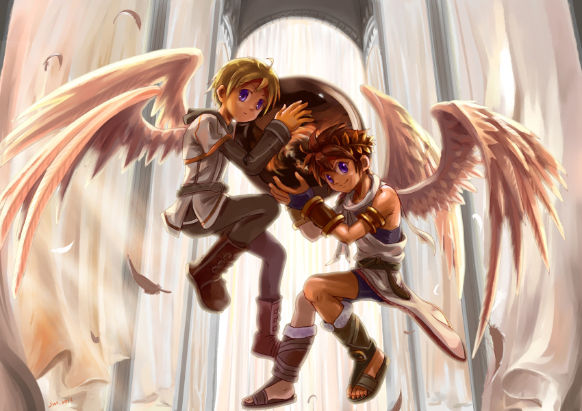 2boys, ahoge, ancient_greek_clothes, angel, angel_wings, bike_shorts_under_skirt, black_undershirt, blonde_hair