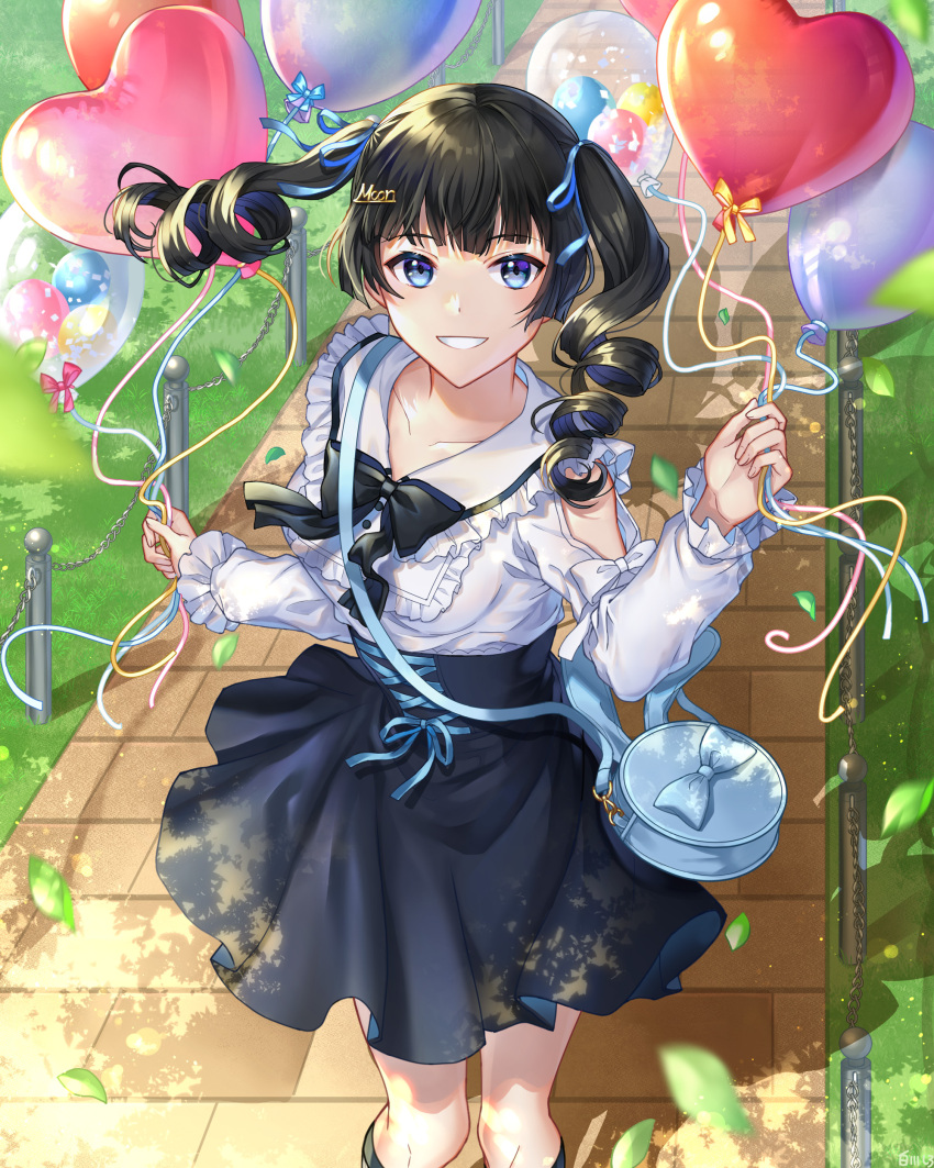 1girl, absurdres, arm_cutout, balloon, black_bow, black_bowtie, black_hair, black_skirt