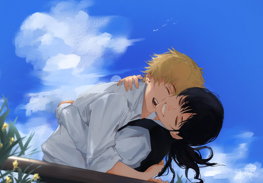 1boy, 1girl, absurdres, black_dress, black_hair, blonde_hair, blue_sky, chainsaw_man