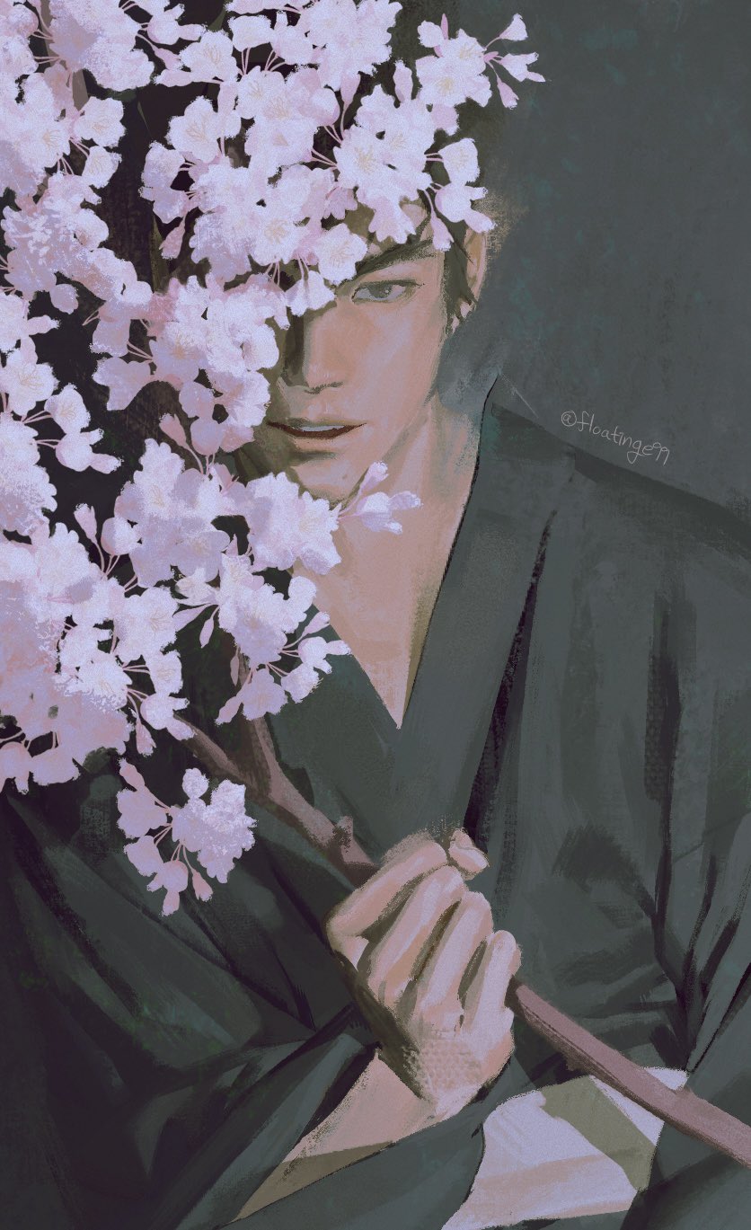 1boy, black_kimono, branch, cherry_blossoms, commentary_request, floatinge99, flower, forked_eyebrows