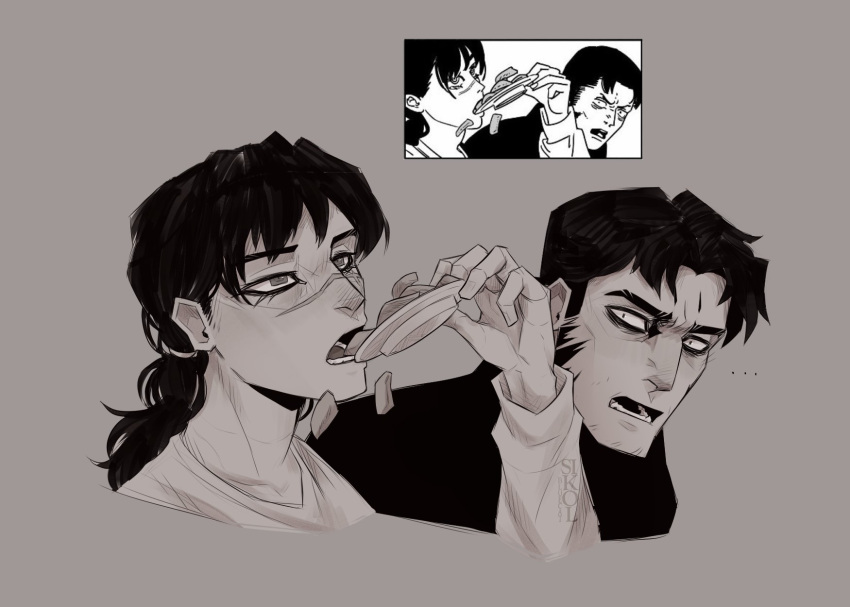 1boy, 1girl, chainsaw_man, comic_panel_inset, eating, food, greyscale, highres