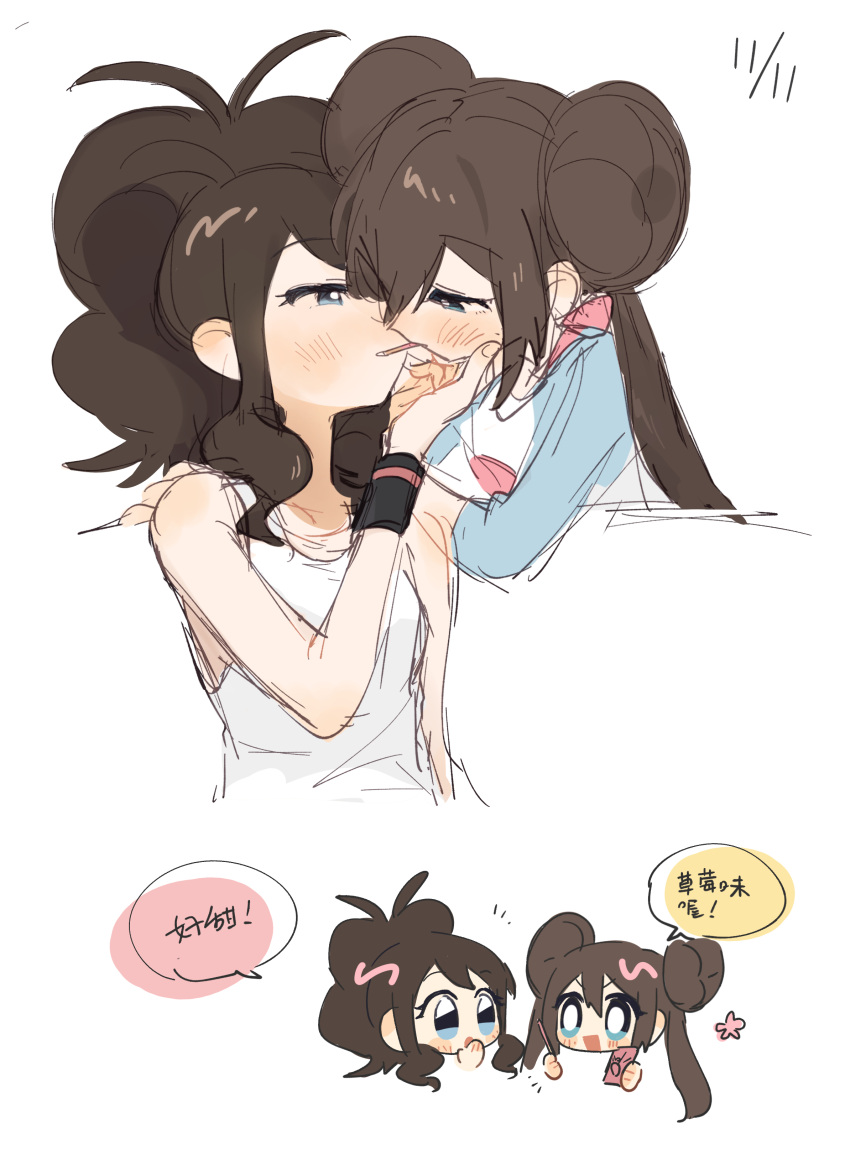 2girls, absurdres, antenna_hair, blue_eyes, blush, brown_hair, chibi, chibi_inset