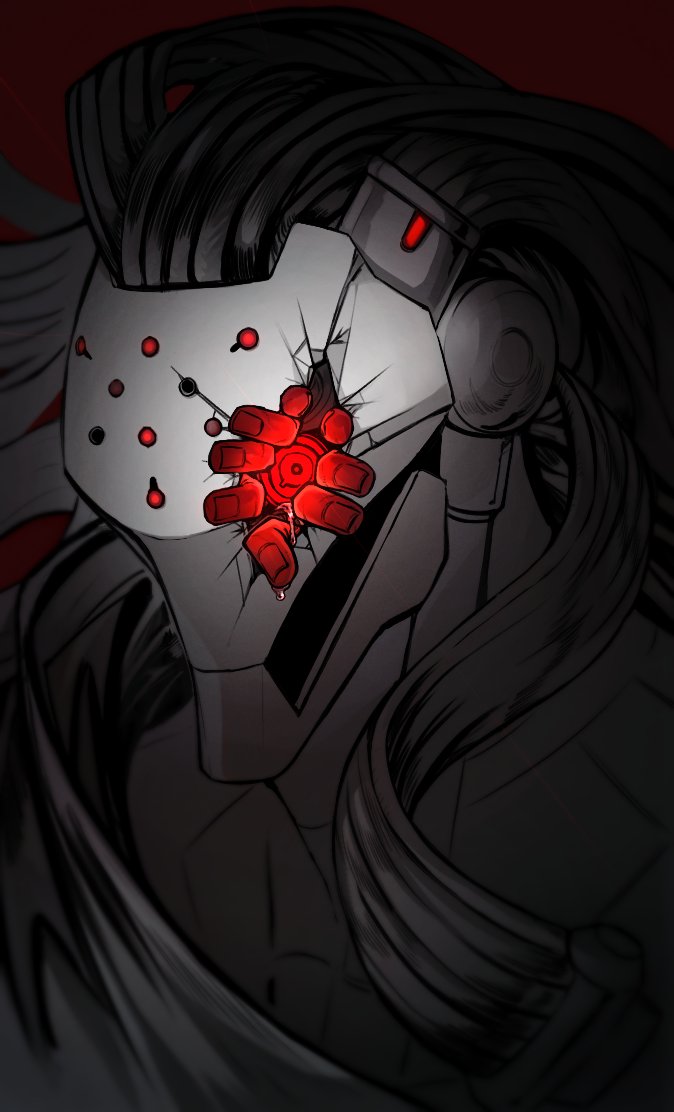 47_lall, colored_skin, commentary_request, cracked_mask, humanoid_robot, korean_commentary, long_hair, looking_at_viewer