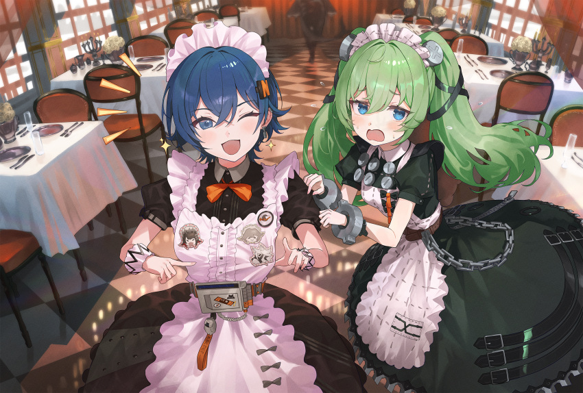 1girl, :d, apron, atatatatame01, belle_(zenless_zone_zero), belt, black_belt, black_ribbon