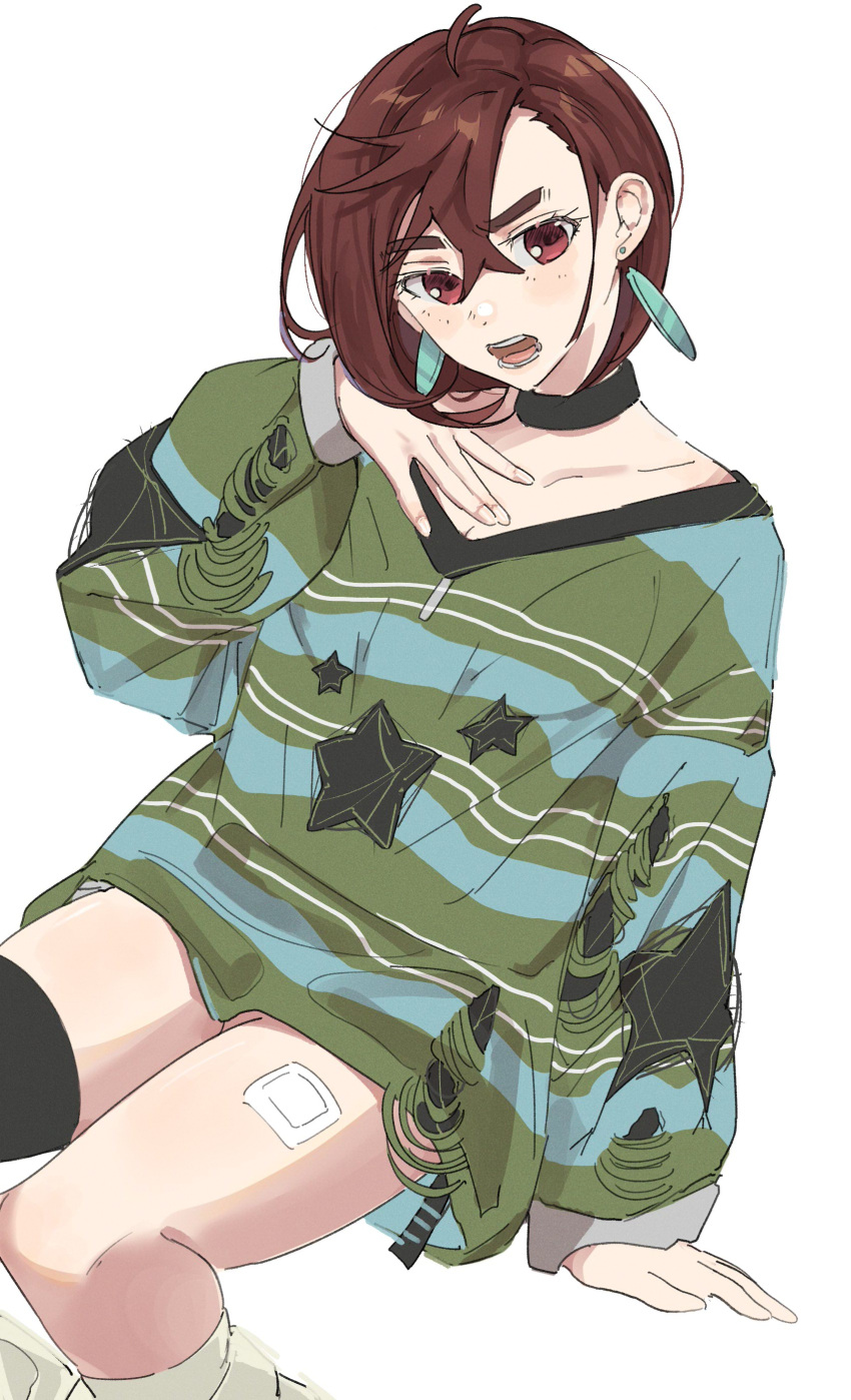 1girl, absurdres, arm_support, ayase_momo, bandaid_on_thigh, black_choker, black_thighhighs, blush, brown_hair, choker, collarbone, commentary, dandadan, earrings, feet_out_of_frame, floating_earring, green_shirt, hair_behind_ear, hair_between_eyes, highres, inel-ens, jewelry, light_blush, long_sleeves, looking_at_viewer, open_mouth, print_shirt, red_eyes, shirt, short_hair, single_thighhigh, sitting, socks, solo, star_(symbol), star_print, thick_eyebrows, thigh-highs, v-neck, white_background, white_socks