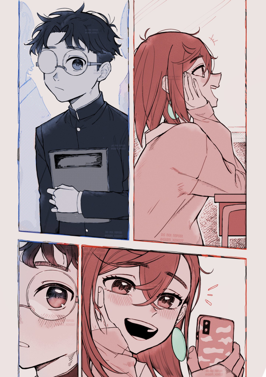 1boy, 1girl, ayase_momo, black_hair, black_jacket, blush, book, brown_eyes