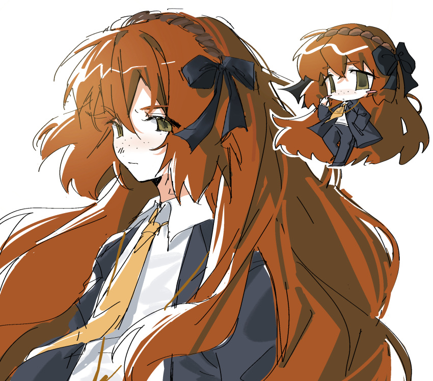 1girl, black_bow, black_jacket, blush_stickers, bow, bygone_days_(e.g.o), e.g.o_(project_moon), freckles