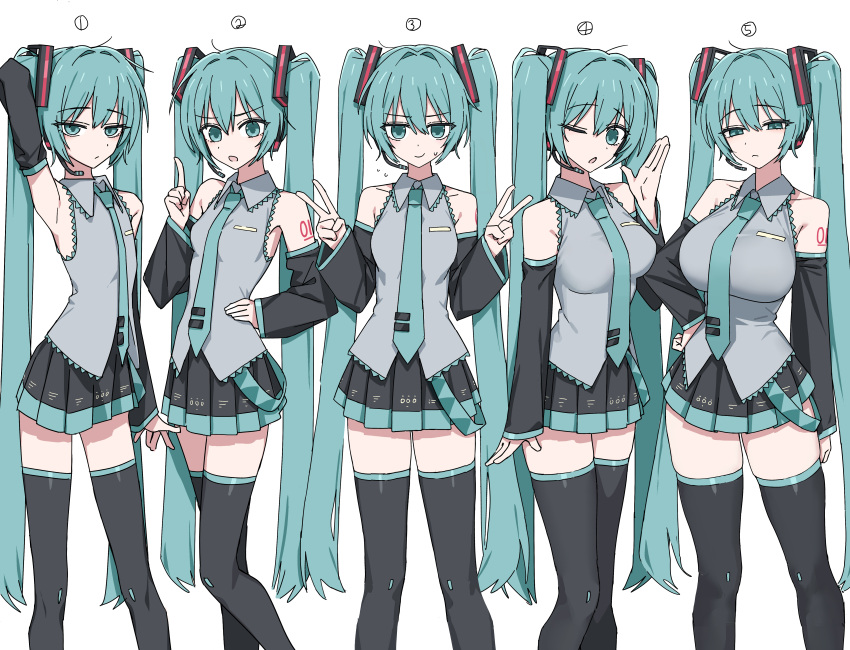 5girls, :o, ;o, absurdres, aqua_eyes, aqua_hair, aqua_necktie, arm_tattoo
