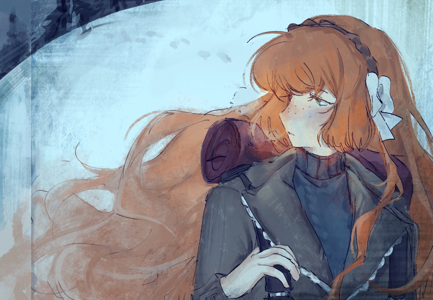 1girl, backpack, bag, bow, freckles, green_eyes, green_jacket, hair_bow, hairband, highres, humian0101, ishmael_(project_moon), jacket, limbus_company, long_hair, orange_hair, profile, project_moon, sad, snow, solo, sweater, turtleneck, turtleneck_sweater, upper_body, very_long_hair