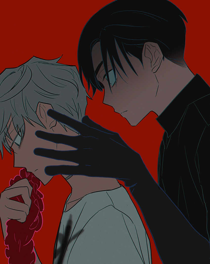 2boys, alien_stage, black_gloves, black_hair, black_shirt, flower, from_side, gloves
