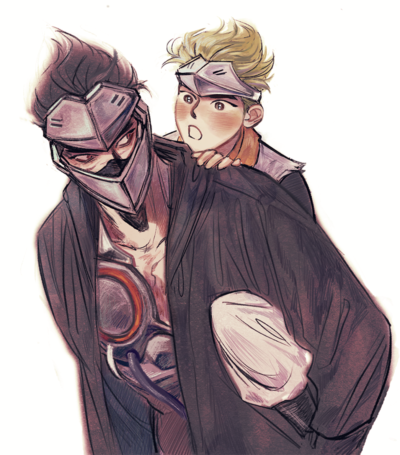 alternate_costume, bbbbucks, black_coat, black_hair, blackwatch_genji, blush, brown_eyes, carrying