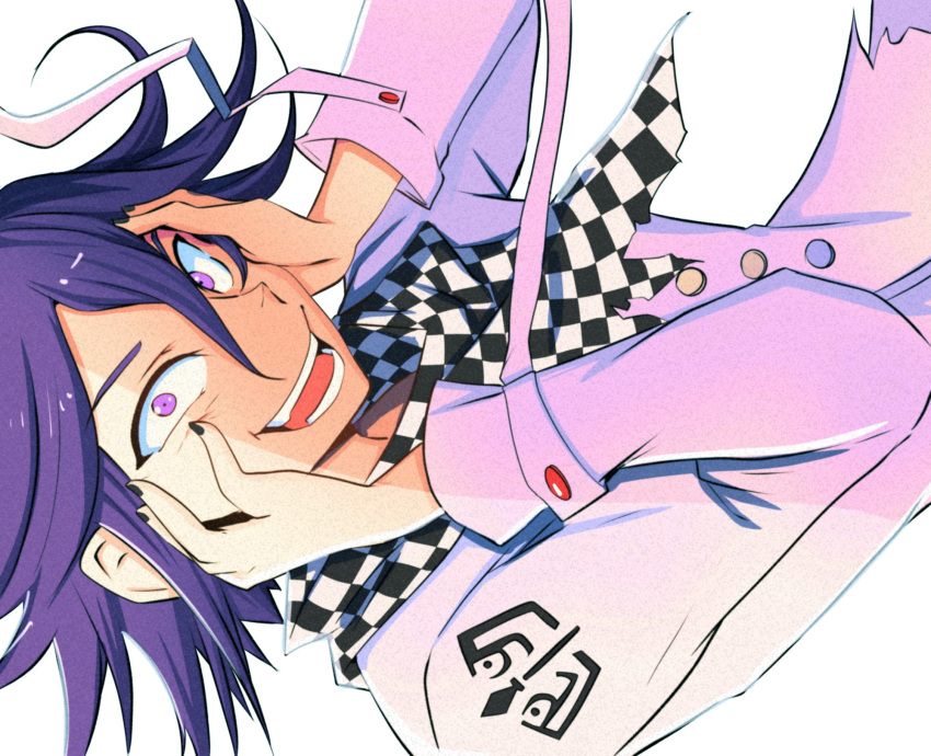1boy, black_nails, buttons, checkered_clothes, checkered_scarf, crazy_smile, danganronpa_(series), danganronpa_v3:_killing_harmony