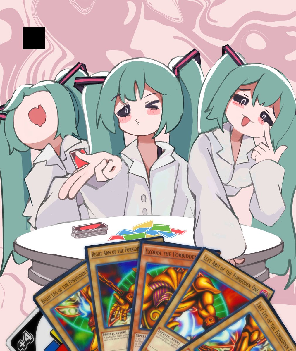 1girl, :d, abstract_background, akanbe, black_sclera, blue_hair, card, closed_mouth