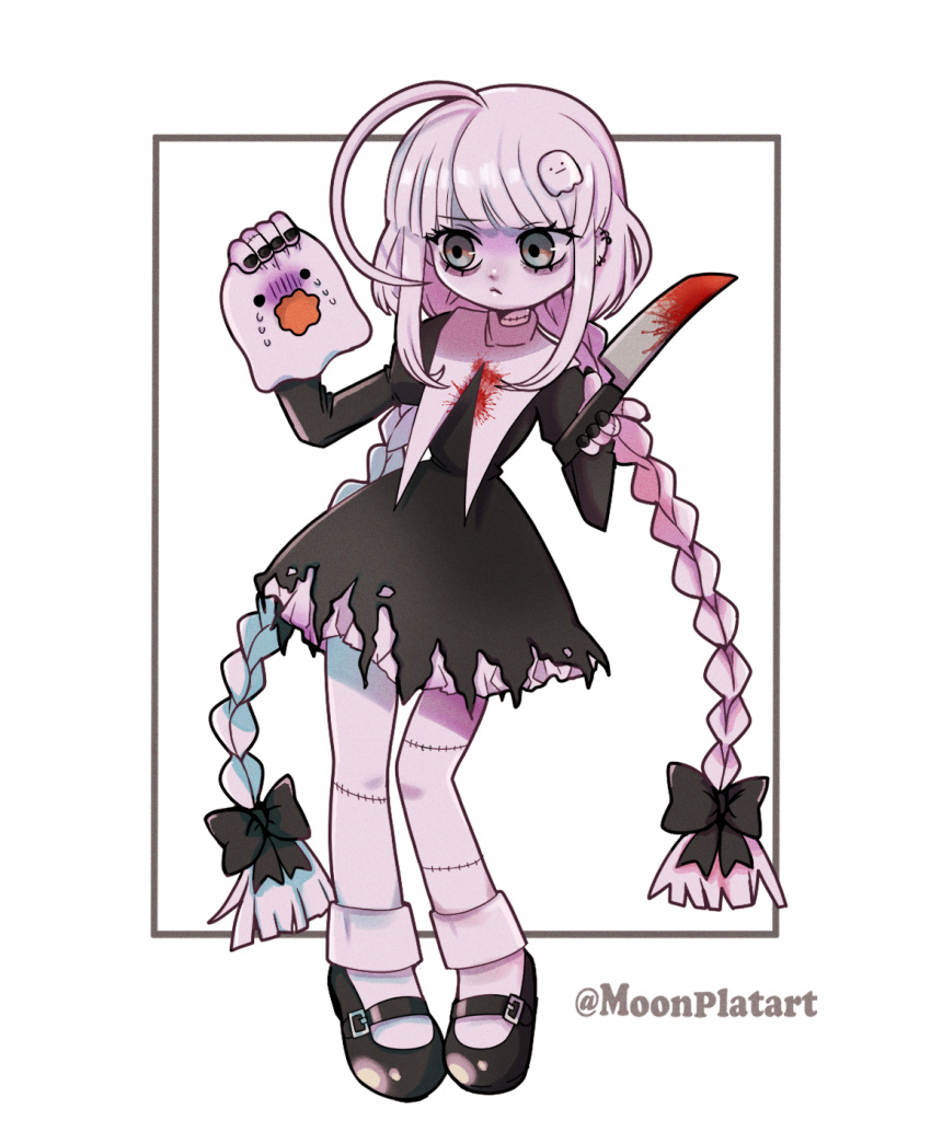 1girl, ahoge, black_bow, black_dress, black_footwear, blood, blood_on_clothes, blood_on_knife