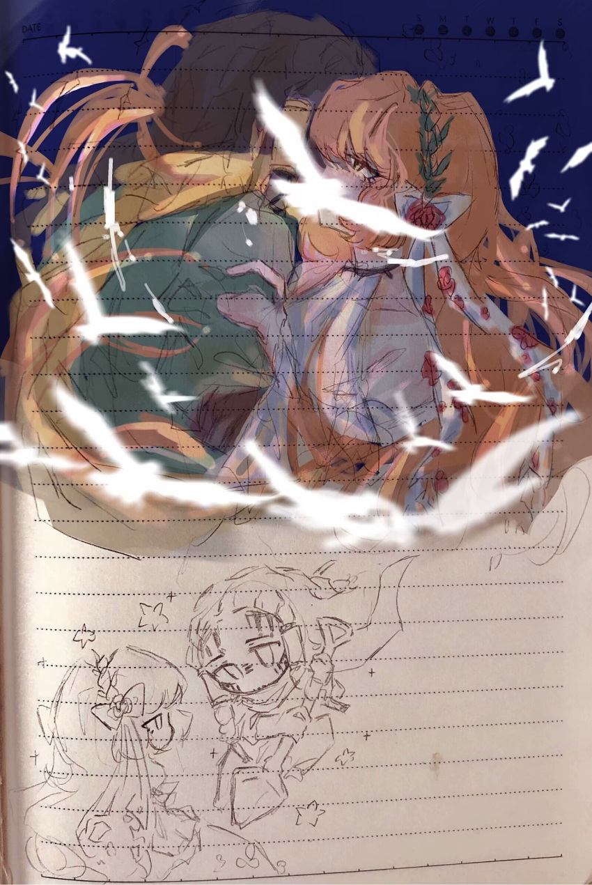 2girls, bird, brown_hair, censored_kiss, chibi, dress, facial_tattoo, floral_ribbon, flower, green_jacket, hair_flower, hair_ornament, hair_ribbon, hand_on_another's_arm, highres, ishmael_(project_moon), jacket, le_petit_prince, limbus_company, long_hair, mixed_media, mochai65240, multiple_girls, multiple_views, no_mouth, orange_hair, project_moon, queequeg_(project_moon), ribbon, scarf, sitting, sketch, star_(symbol), tattoo, very_long_hair, yellow_scarf, yuri