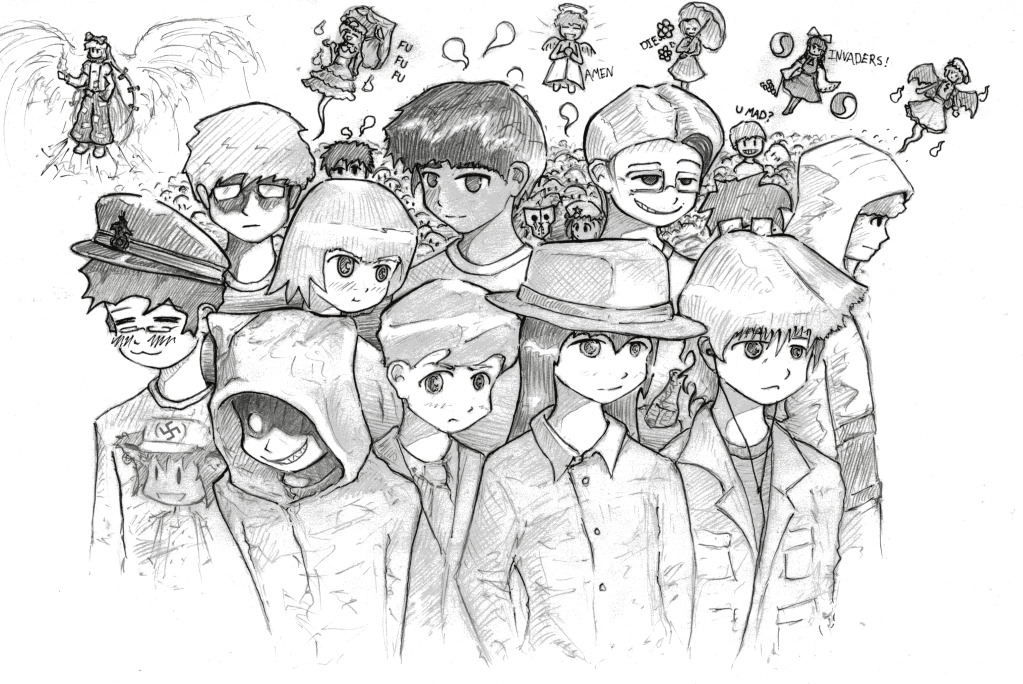angel, captainonimaru, chen, everyone, fujiwara_no_mokou, hakurei_reimu, hong_meiling, kazami_yuuka, nazi, original, remilia_scarlet, touhou, traditional_media, yakumo_yukari, youkai