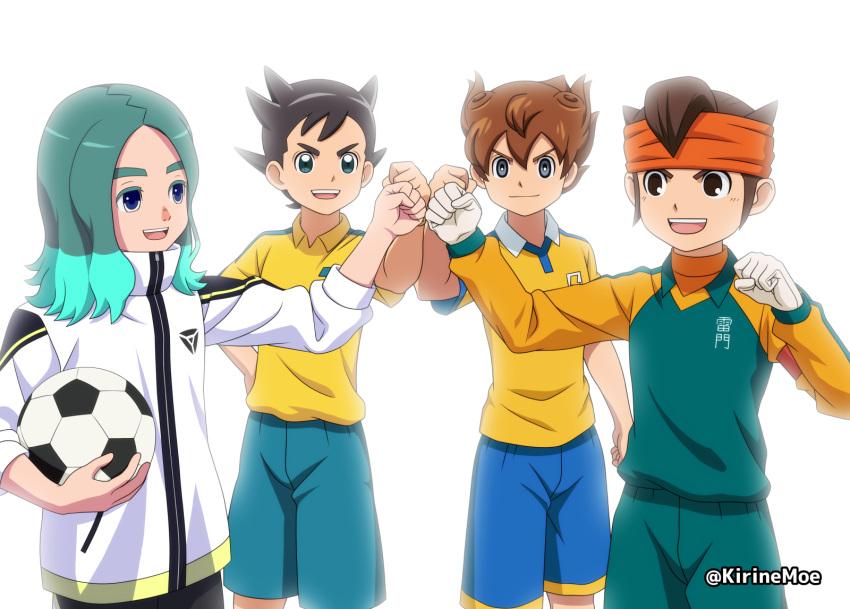 4boys, aqua_hair, aqua_shorts, ball, black_hair, blue_eyes, blue_shorts, brown_hair