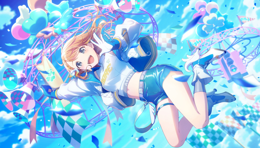 1girl, animal_balloon, ankle_boots, arm_up, armpit_crease, balloon, banner, bare_legs, belt, belted_jacket, bird_balloon, blue_footwear, blue_gloves, blue_shorts, blue_sky, blue_theme, blurry, boots, bow, braid, braided_bangs, breasts, brown_hair, checkered_flag, clenched_hand, clothes_writing, clouds, cloudy_sky, clover_balloon, colorful, colorful_palette, confetti, contrapposto, crop_top, cropped_jacket, cupping_hand, day, depth_of_field, dot_nose, dutch_angle, earclip, earrings, eyelashes, facing_viewer, feet_up, flag, floating_hair, full_body, game_cg, gloves, gold_trim, gradient_bow, green_bow, grey_belt, grey_eyes, grey_socks, group_name, grow_glorious_glow_(project_sekai), hair_bow, hanasato_minori, hand_up, happy, heart_balloon, high_collar, high_heel_boots, high_heels, highres, horn_speaker, jacket, jewelry, jumping, kneehighs, light_blush, looking_ahead, medium_hair, midriff, o-ring, official_alternate_costume, official_alternate_hair_ornament, official_art, open_clothes, open_jacket, open_mouth, orange_bow, outdoors, padded_jacket, partially_unzipped, pennant, project_sekai, short_braid, short_shorts, shorts, side_braid, single_braid, single_earring, single_horizontal_stripe, sky, small_breasts, socks, solo, speaker, straight_hair, streamers, studded_jacket, swept_bangs, tareme, teeth, thigh_strap, thighs, third-party_source, traffic_light, two-sided_fabric, two-sided_gloves, two-sided_jacket, two-tone_footwear, upper_teeth_only, white_bow, white_footwear, white_gloves, white_jacket, wide-eyed, wing_balloon, winged_footwear, zipper, zipper_footwear, zipper_pull_tab