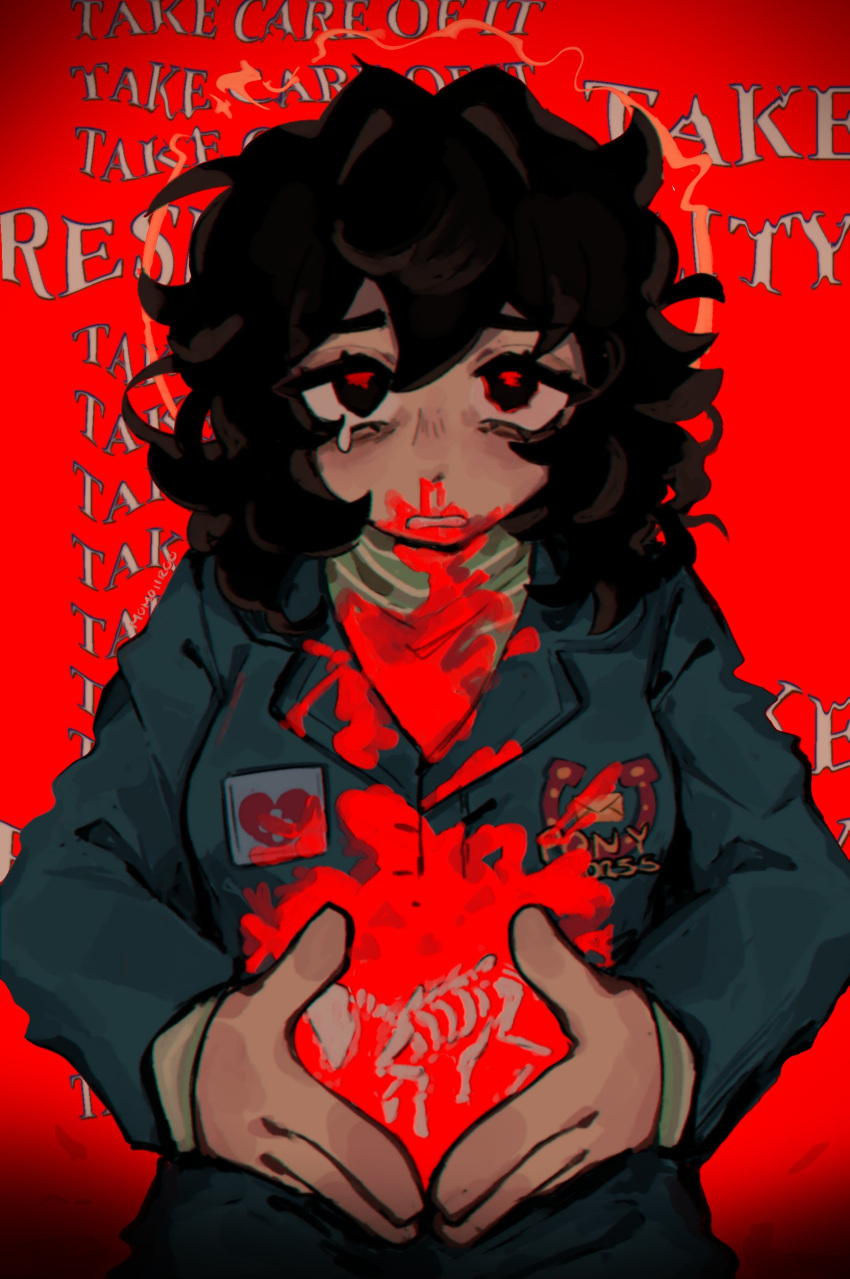 1girl, absurdres, anya_(mouthwashing), black_eyes, black_hair, blood, blood_on_clothes, blood_on_face