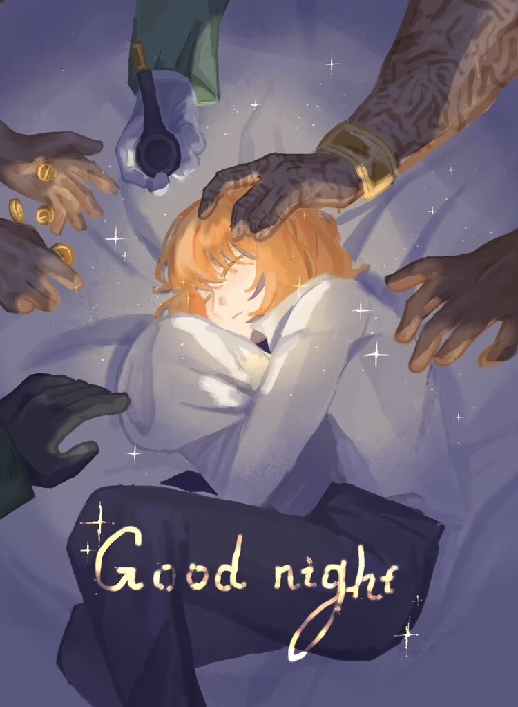 3boys, 3girls, ahab_(project_moon), arm_tattoo, bed_sheet, black_gloves, black_necktie, black_pants