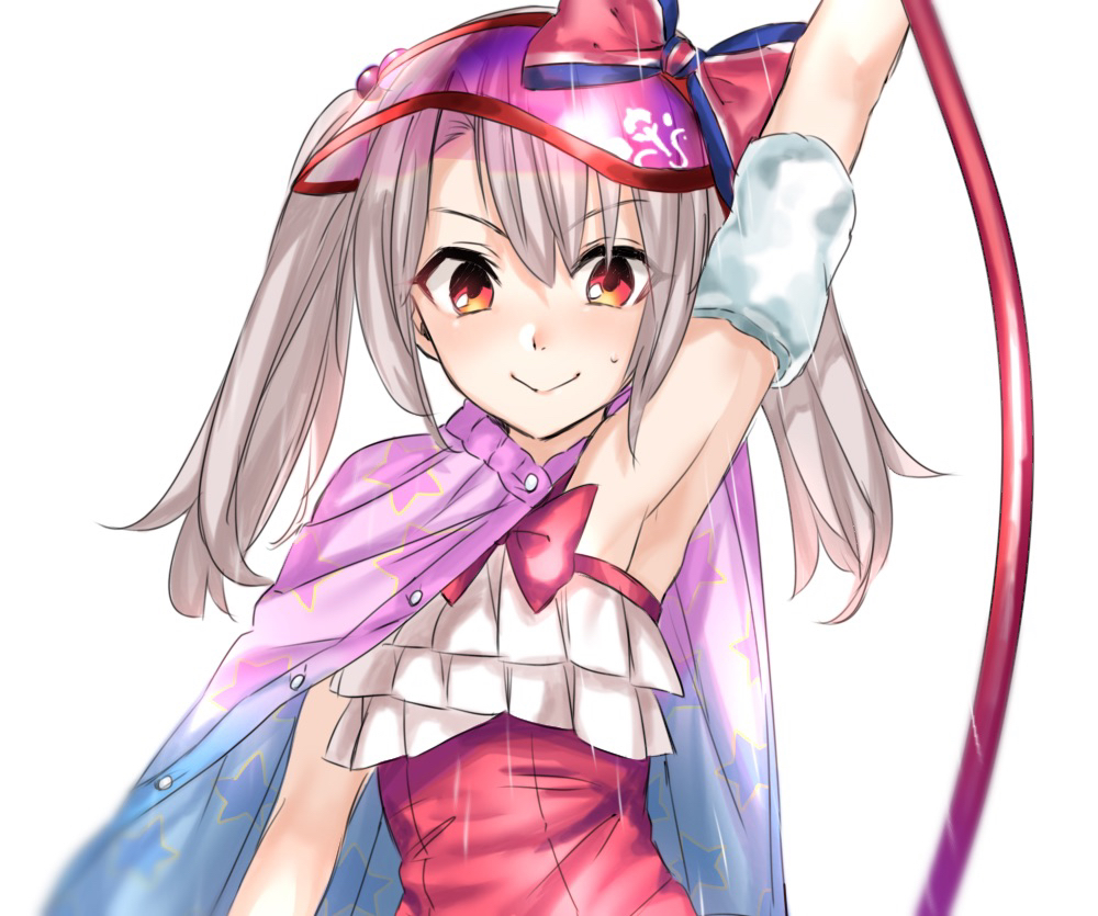 1girl, ameman, arm_up, armpits, bow, cape, casual_one-piece_swimsuit, commentary_request