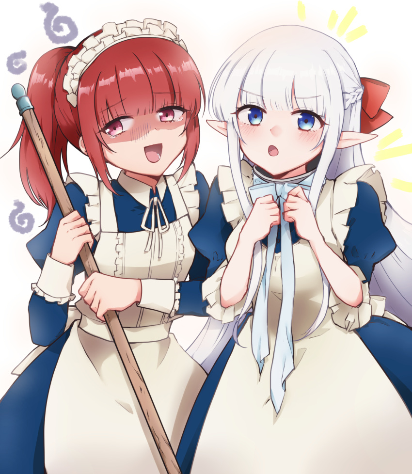 2girls, apron, averting_eyes, blue_dress, blue_eyes, blue_ribbon, blush, breasts