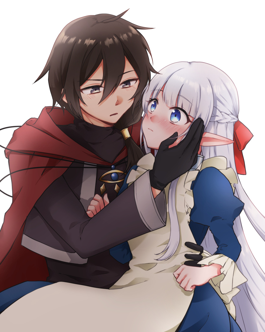 1boy, 1girl, apron, blue_dress, blue_eyes, blush, brown_hair, brown_robe