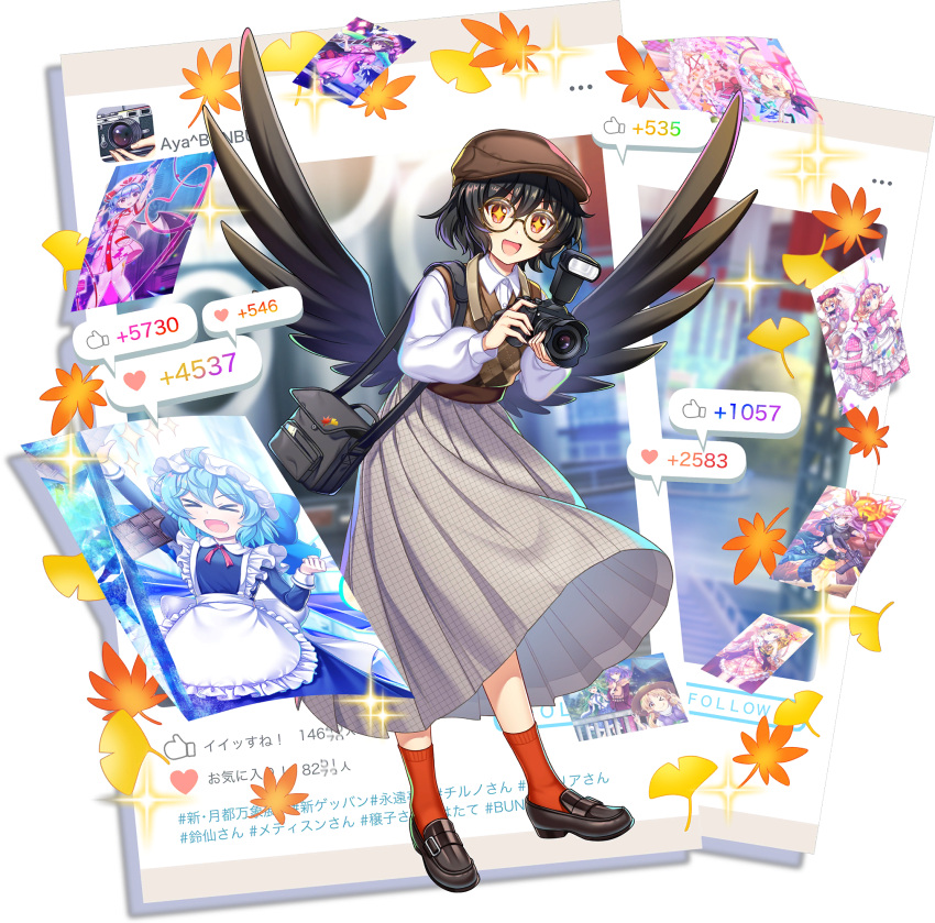 +_+, 1girl, aki_minoriko, aki_minoriko_(sweet_sister_god), alternate_costume, alternate_headwear, autumn_leaves, bag