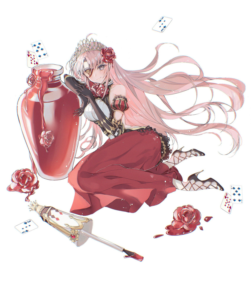 1girl, absurdres, alice_in_wonderland, alternate_costume, ambiguous_red_liquid, arm_rest, black_footwear, black_gloves