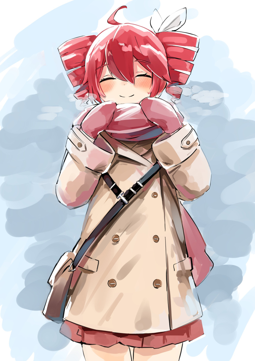 1girl, absurdres, ahoge, bag, belt, black_belt, bow, brown_coat